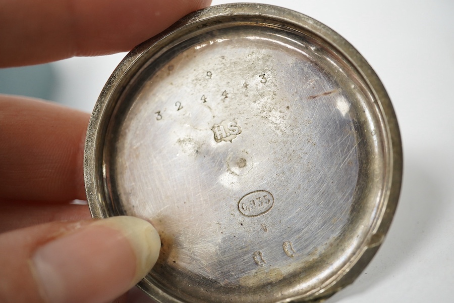 A George V Waltham silver open faced key wind pocket watch (a.f.), a 935 white metal open faced pocket watch and an 800 white metal fob watch. Condition - poor